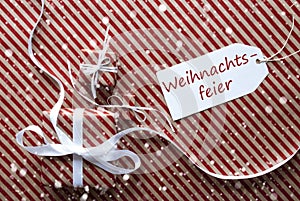 Gifts With Label, Snowflakes, Weihnachtsfeier Means Christmas Party