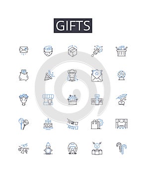 Gifts line icons collection. Presents, Souvenirs, Prizes, Rewards, Presents, Gift cards, Keepsakes vector and linear