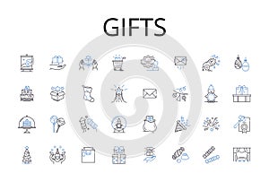 Gifts line icons collection. Presents, Souvenirs, Prizes, Rewards, Presents, Gift cards, Keepsakes vector and linear