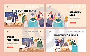Gifts Of Magi Biblical Scene Landing Page Set. Three Wise Men Follow Star To Meet Jesus In Bethlehem, Bring Presents