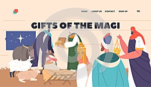 Gifts Of Magi Biblical Scene Landing Page. Three Wise Men Follow Star To Honor Jesus In Bethlehem, Bring Gifts