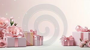 Gifts for March 8th, Mothers day, Pink Present boxes background, copy space