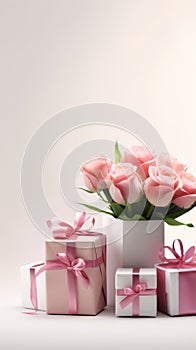 Gifts for March 8th, Mothers day, Pink Present boxes background, copy space