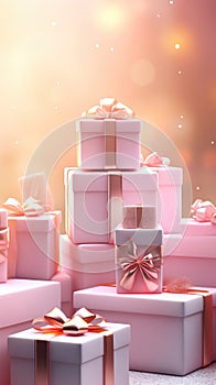 Gifts for March 8th, Mothers day, Pink Present boxes background, copy space