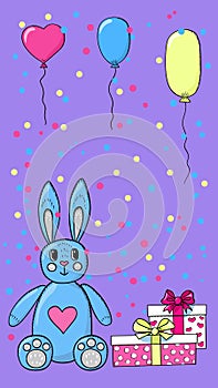 Gifts set for Valentines Day and birthday. Bunny toy balloon and boxe with color confetti. Hand drawn cartoon doodle. Vertical