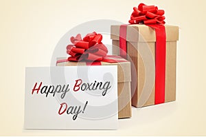 Gifts and signboard with text happy boxing day