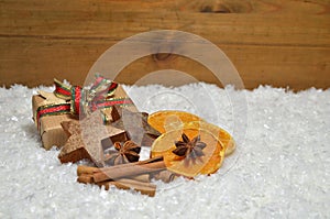 Gifts Snow Christmas wooden background