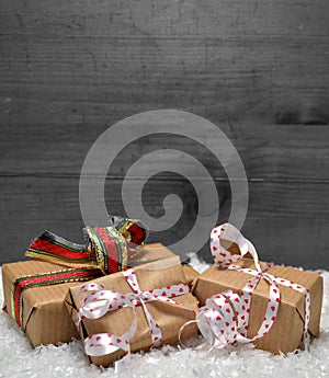 Gifts Snow Christmas wooden background