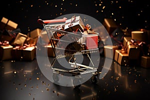 Gifts spilling from a golden shopping cart, leaving room for your message