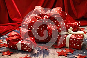 gifts with star-patterned christmas wrapping paper and big red bows