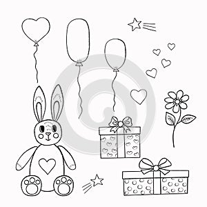 Gifts toy rabbit balloons gift boxes flower hearts. Set for Valentines Day and birthday. Hand drawn doodle sketch