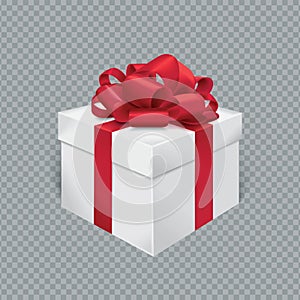 Vector realistic gift box with red ribbon and bow. Transparent background. - Illustration