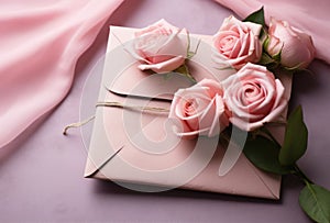 giftwrapped pink envelope with roses inside