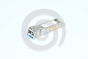 10 gigabit (LR) sfp modules for network switch isolated on white background, transceiver singlemode