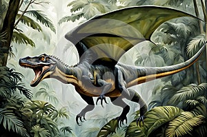 Giganotosaurus: A Massive Theropod Dinosaur Soaring Through a Prehistoric Rainforest - Lush Green Foliage Surrounds