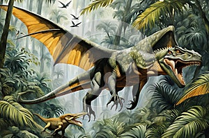 Giganotosaurus: A Massive Theropod Dinosaur Soaring Through a Prehistoric Rainforest - Lush Green Foliage Surrounds
