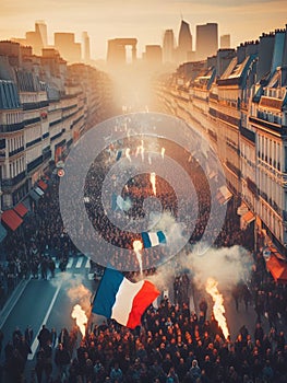 gigantic crowd activist people manifesting in Paris France centre for social issues or celebrating