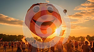 A gigantic, grinning sun balloon casting a warm glow over a cheerful summer festival