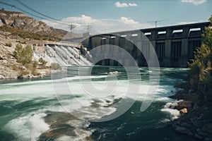 gigantic hydroelectric power plant, with multiple turbines and generators, and the flow of water through it