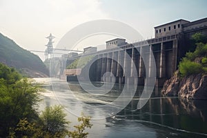 gigantic hydroelectric power plant, with multiple turbines and generators, and the flow of water through it