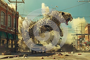 Gigantic Leopard Rampaging Through Urban Streets in Dynamic CGI Enhanced Scene
