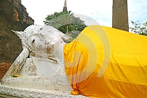 Gigantic Medieval Reclining Buddha Image in Wat Yai Chai Mongkhon Buddhist Temple, Ayutthaya, Thailand