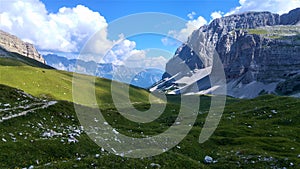 Gigantic Mountain view in brenta dolomites. Enormous Rock Formation on a nice sunny summer day while hiking