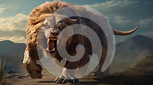 Gigantic Prehistoric Lion In Action: Photorealistic Aztec Scaley Rat Hero Beast