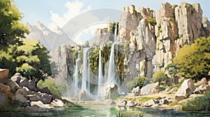 Gigantic Scale Anime Waterfall Painting: A Nostalgic Spanish Watercolor Illustration