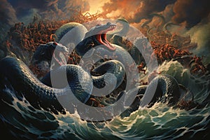 Gigantic sea serpents slithering through treacherous waters - Generative AI