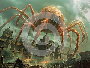 Gigantic Spider Attack on a City with Historic Buildings, Apocalypse Concept Art Illustration