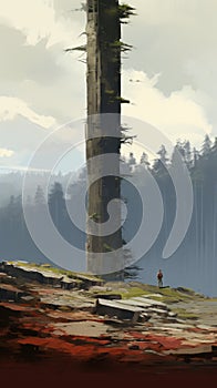 Gigantic Tower In The Forest: A Brushwork Exploration