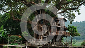 Gigantic tree with house inside . Generative Ai