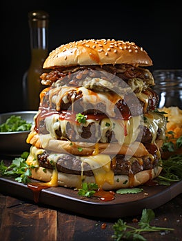 Gigantic Triple Cheeseburger with all the Fixings. Generative AI