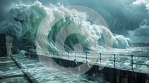 Gigantic Tsunami Wave Approaching Coastal Structures Under Stormy Skies, Climate Catastrophe Concept