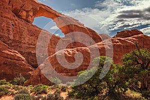 Gigantic windows made by Nature in sandstone rock in Arches National Park near Moab, Utah