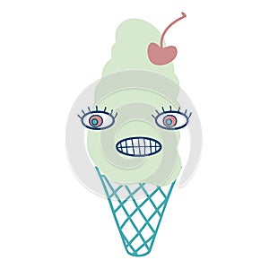 Giggle face cherry ice cream cone character with googly eyes. Perfect print for tee, sticker, poster. Cartoon vector illustration