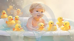 A giggling young child immersed in a warm bath, encircled by a fleet of adorable rubber duckies