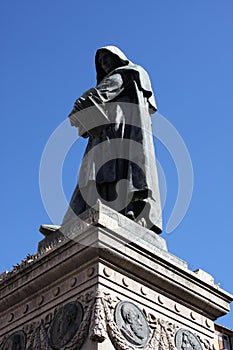 Giiordano Bruno Statue Campo de` Fiori Rome Italy. Bruno was heretic burned at stake in Campo de` Fiori. Statue by Ferrari in 1889