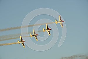 Gijon, Spain - July 23, 2022. Pioneer Team, Italian aerobatic team flying together during Gijon International Air festival 2022