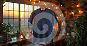 Gildan 5000 Mockup In Navy Mockup Colour, T-shirt With Wooden Retro Workspace With Bokeh Lights, Gildan 5000 navy mockup hanging