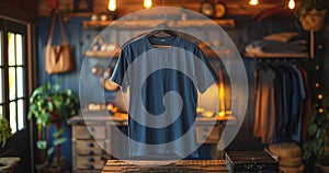 Gildan 5000 Mockup In Navy Mockup Colour, T-shirt With Wooden Vintage Retro Workspace Backdrop, Gildan hanging mockup 5000 navy