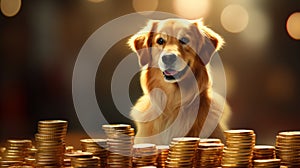 Gilded Canine Treasures: A Stack of Gold Coins Amidst a Blurry Dog Background