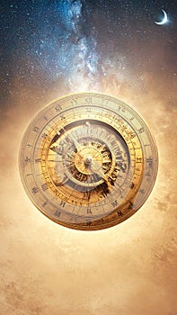 Gilded Compass of Time and Destiny. Astral Geometry. Generated Image