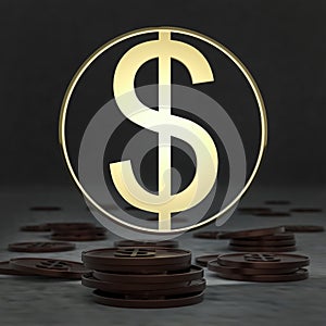 Gilded dollar symbol is set over a scattering of stylized coins against a dark background. Minimalistic realistic style.