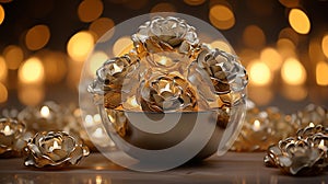 Gilded Elegance: Abstract Metallic Centerpiece on Reflective Glass