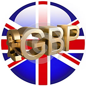 Gilded GBP pound sterling symbol against the background of the UK flag. Finance concept. Rendering 3D.