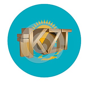 Gilded KZT tenge symbol against the background of the flag of the Republic of Kazakhstan. Finance concept.