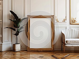 Gilded picture frame mockup in the classic interior with a tropical plant and a chair photo