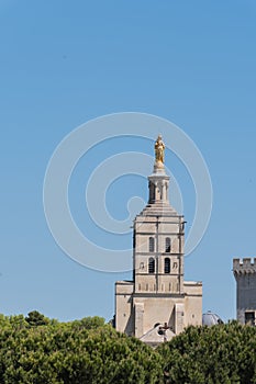 Gilded statue above the cathedral in Avignon, France